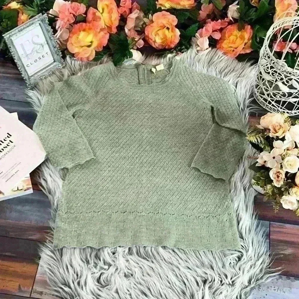 Anthropologie Moth 100% Wool Pointelle Knit Sweater Moss Green Cottagecore S